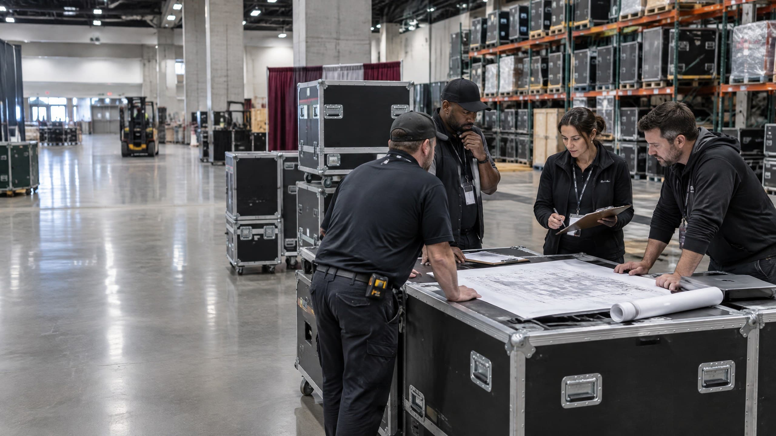 Trade show operations team reviewing a booth build plan beside road cases in a warehouse