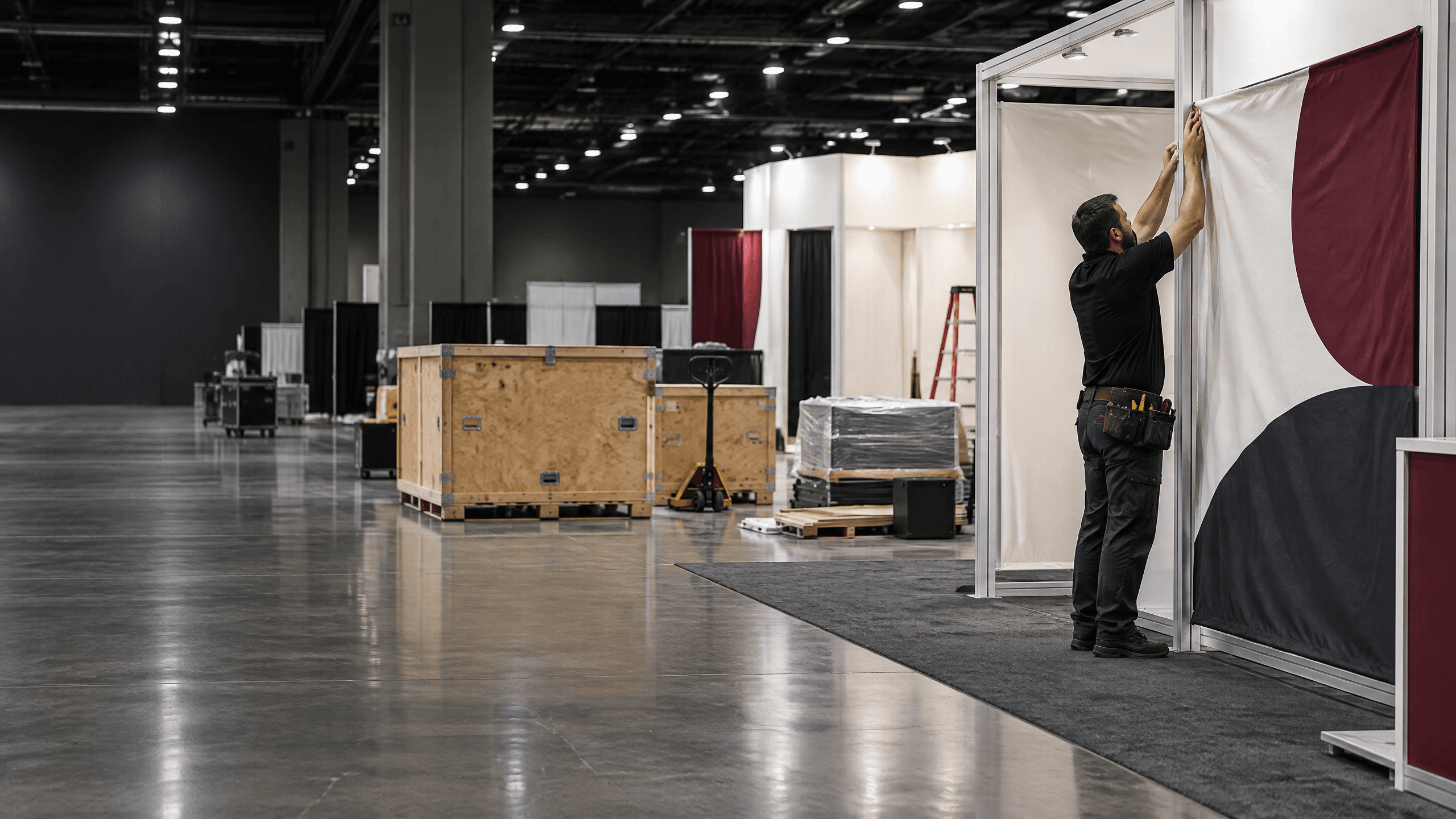 Trade show technician installing a fabric graphic on a convention center exhibit floor