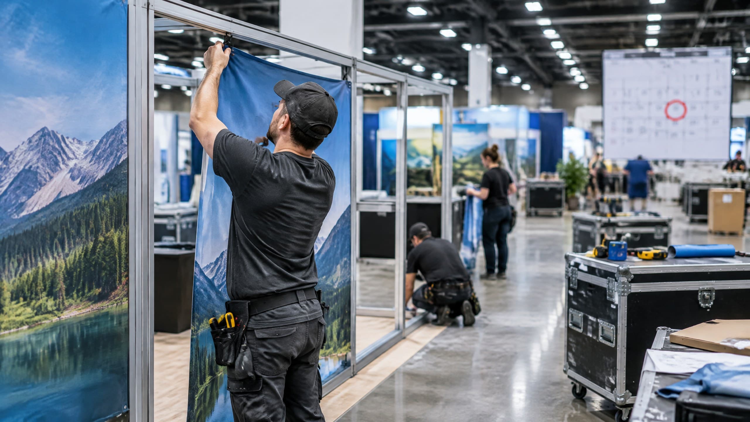 Exhibit project coordinator reviewing a booth floor plan and production timeline