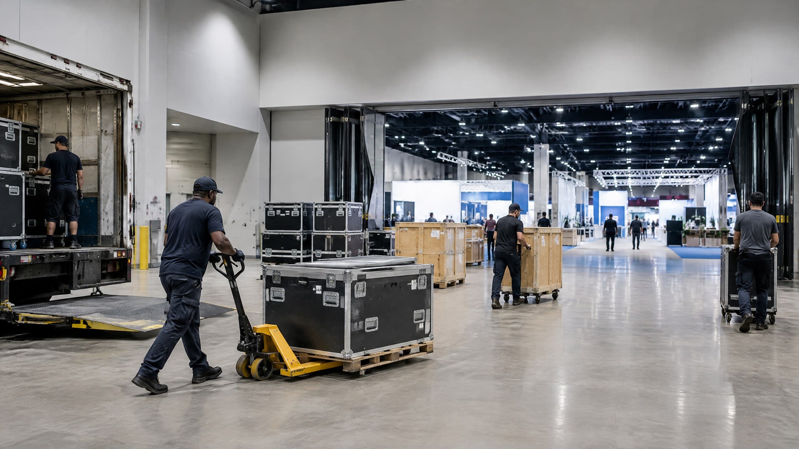 Trade show logistics coordinator reviewing freight cases at a convention center loading dock