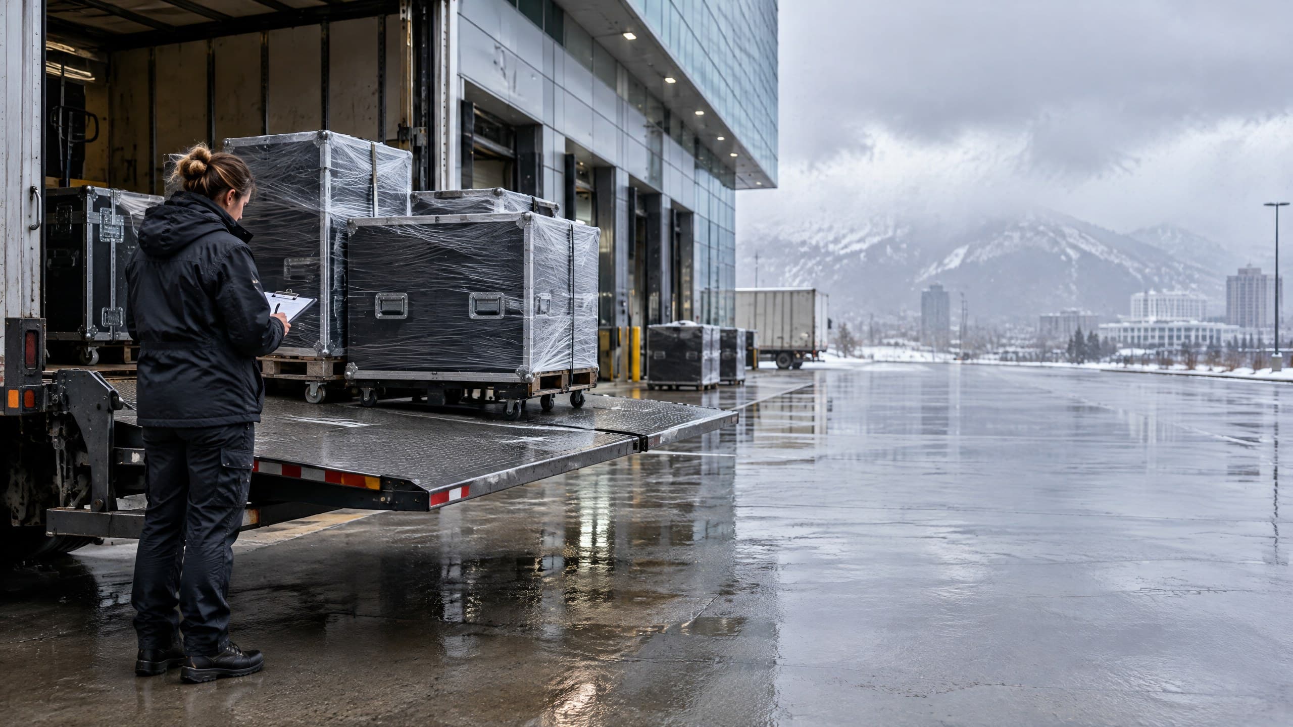 Trade show logistics coordinator reviewing freight cases at a convention center loading dock