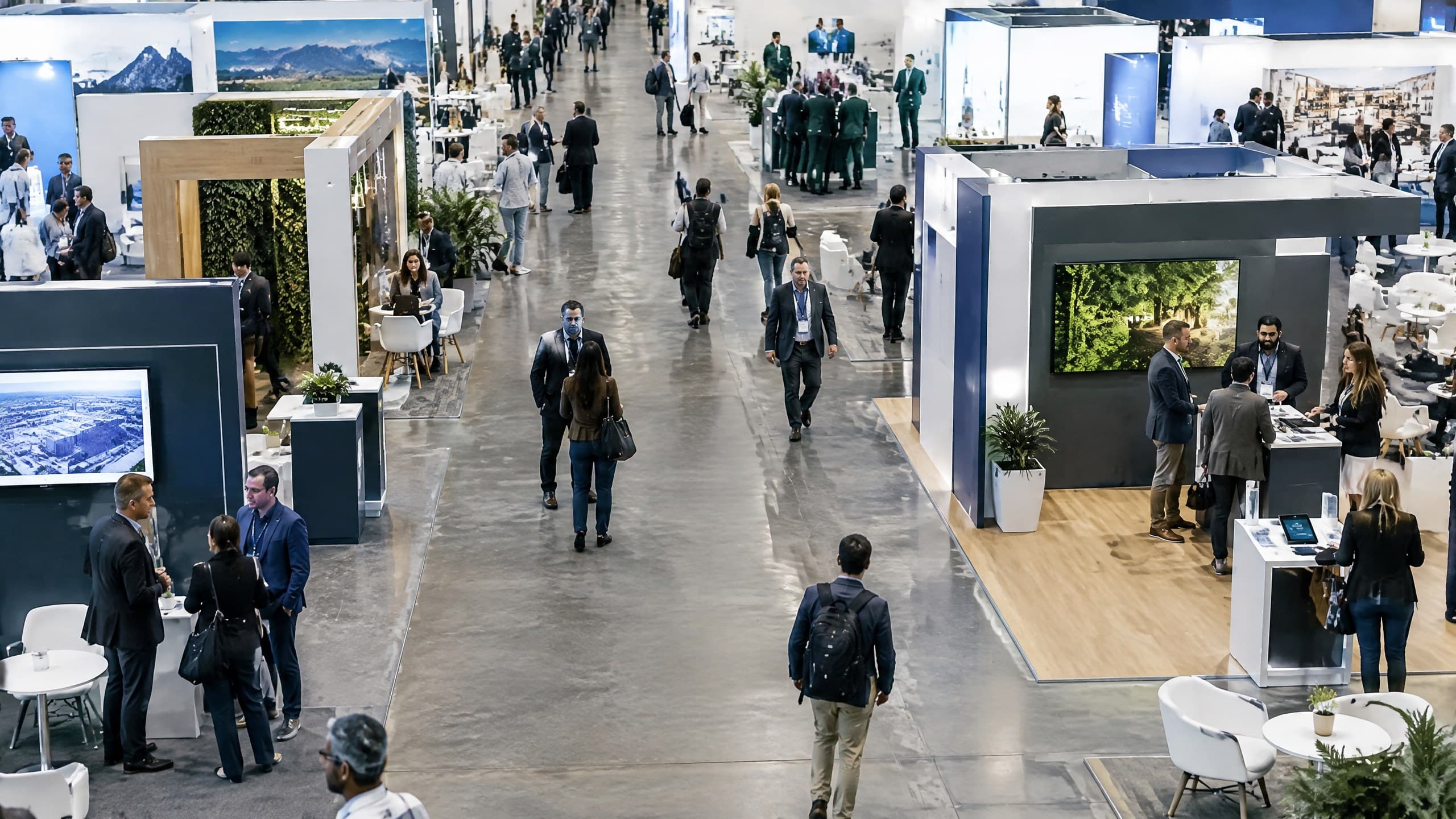 Attendees and exhibitors on an active contemporary trade show floor
