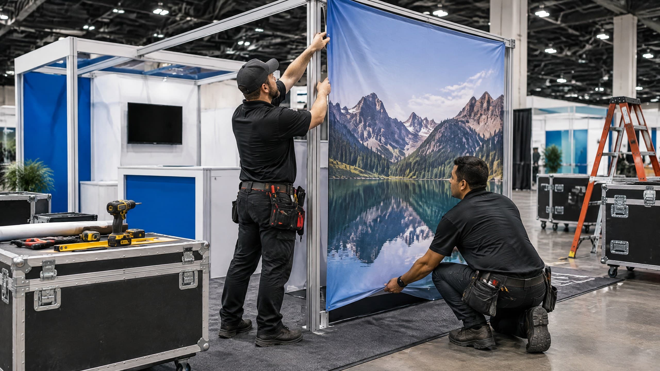 Trade show crew assembling an aluminum exhibit frame beside freight cases in a convention center
