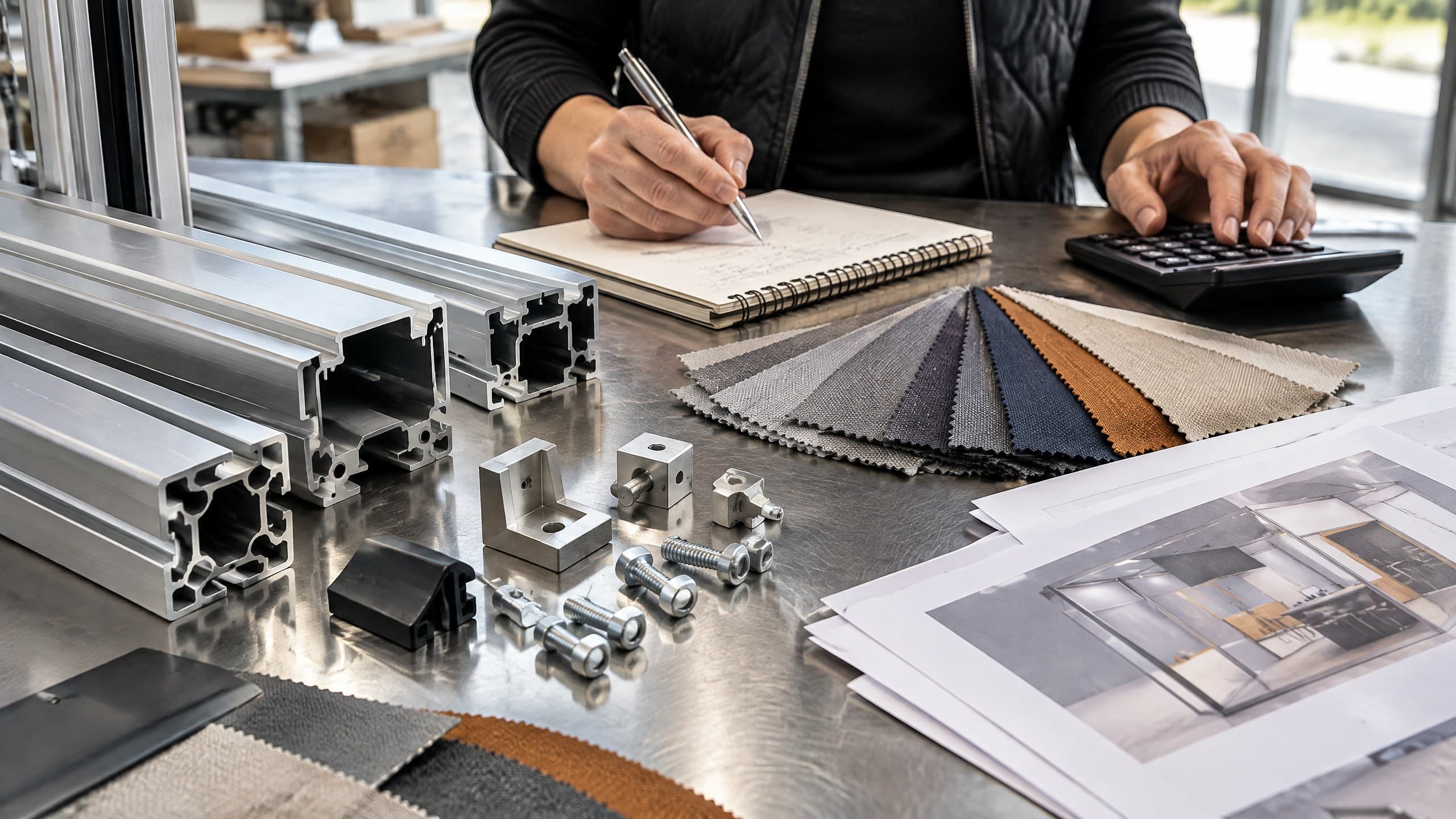 Aluminum exhibit frame components, hardware, and fabric samples on a fabrication table