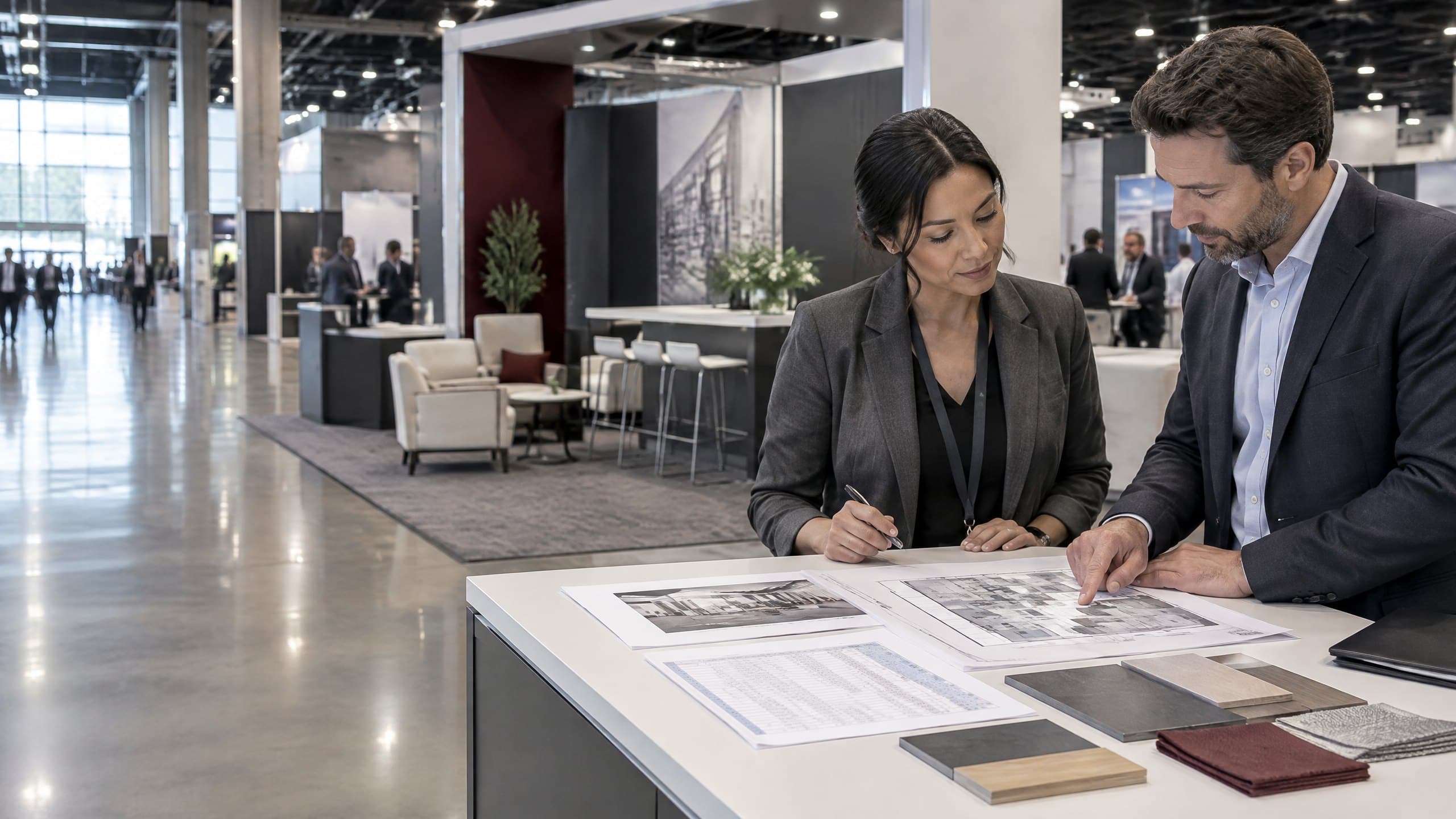 Exhibit project manager and client reviewing a rental booth floor plan and material samples