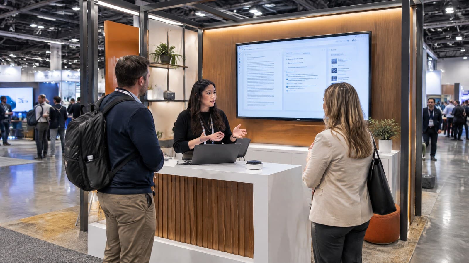 AI-generated concept image of a technology booth with a presenter explaining an AI demonstration to visitors; not an actual CES event photograph.