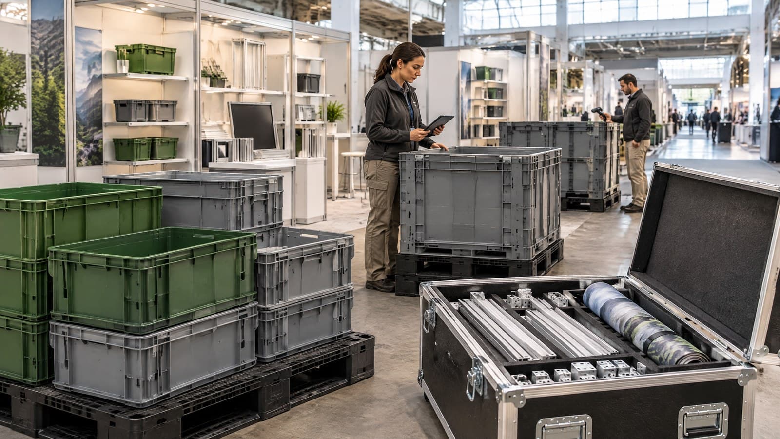 AI-generated editorial illustration of returnable totes and exhibit freight cases being inspected for their next use.