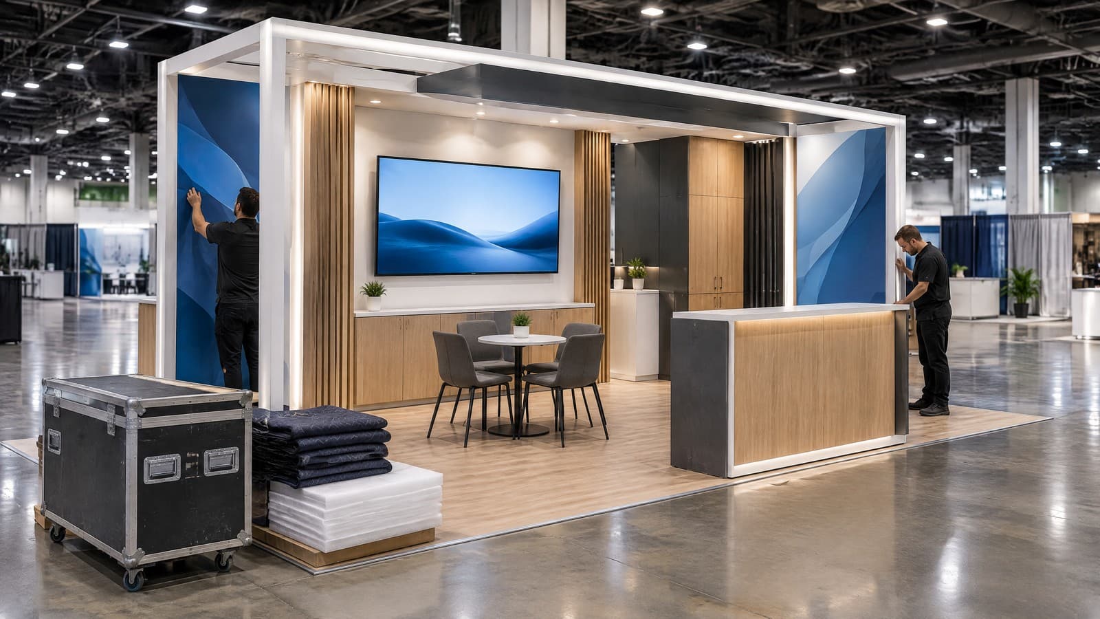 AI-generated editorial concept of a trade show exhibit being prepared by technicians; not a photograph of an actual Las Vegas Exhibit House build or facility.