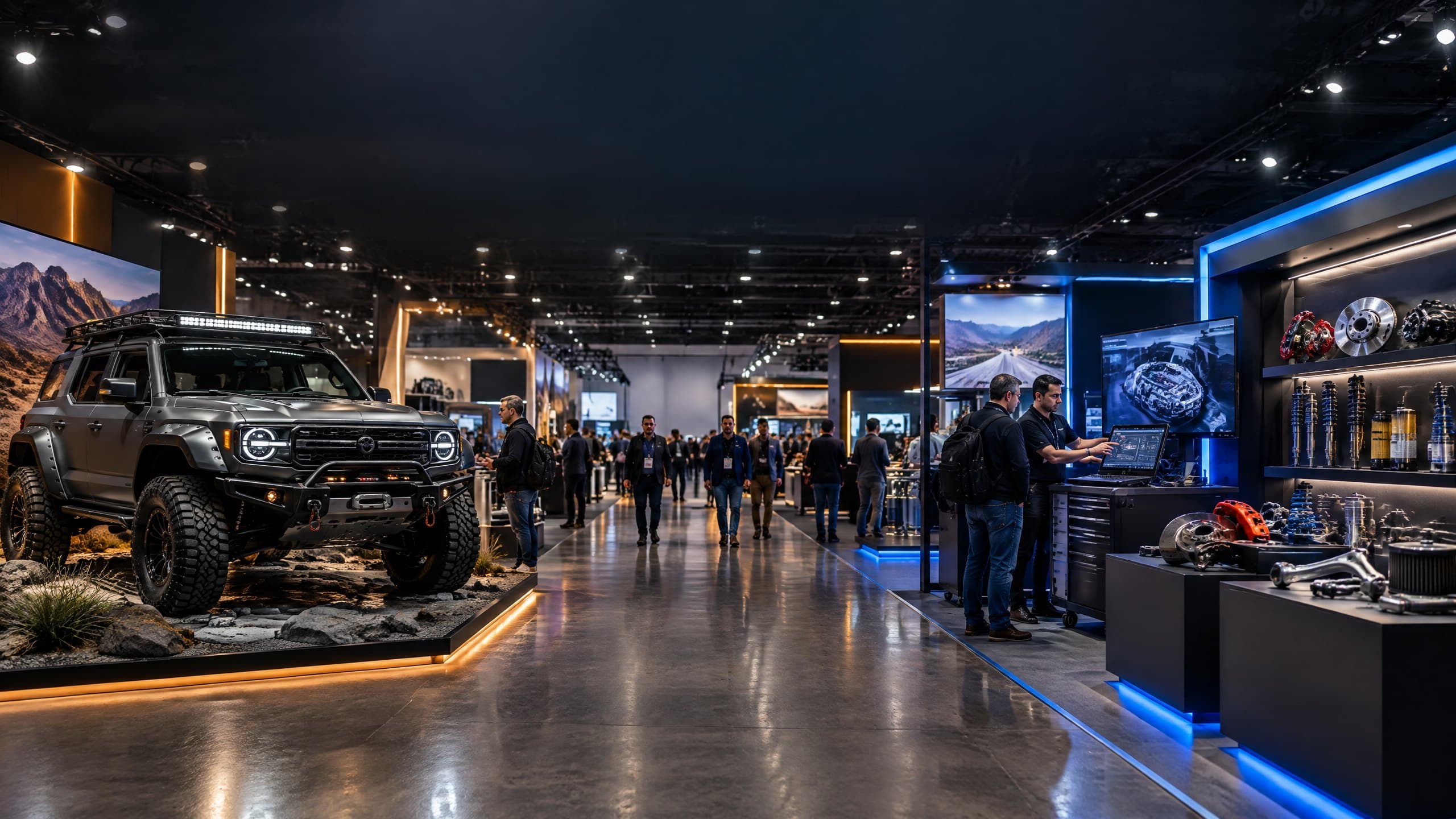 Automotive trade show floor with off-road vehicle and connected-car technology display