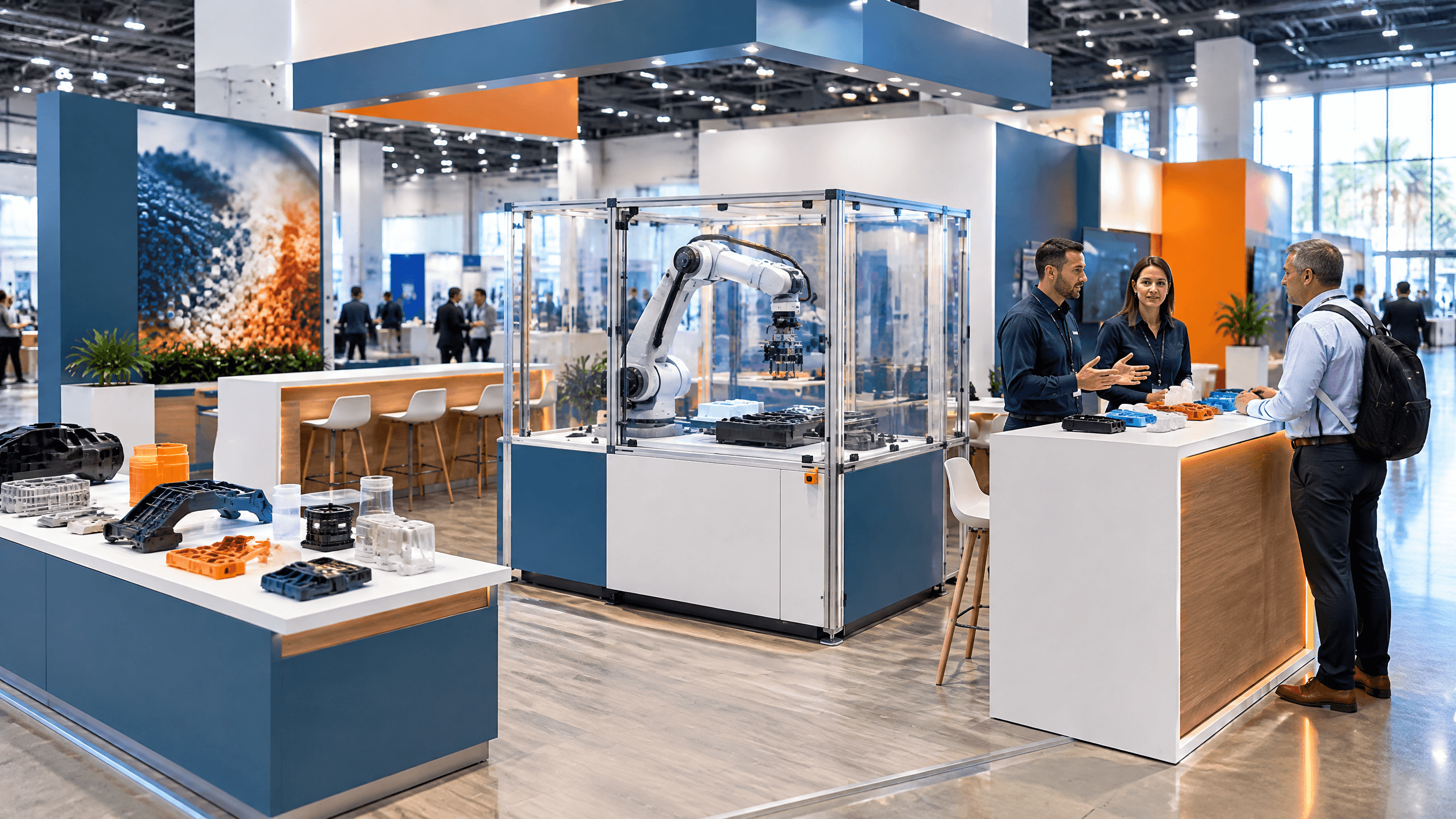Custom plastics manufacturing exhibit with a robotic demonstration, product samples, and technical conversations on a convention floor