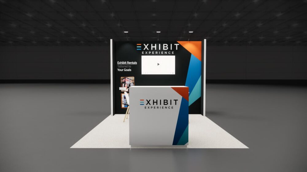 10×10 Modular inline exhibit rendering with branded backwall and reception counter