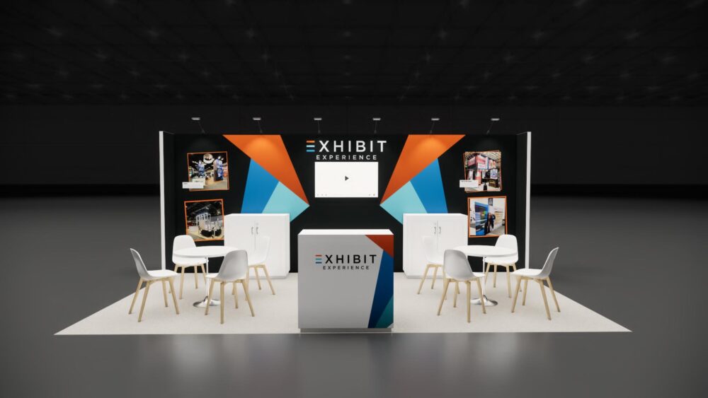 10×20 Modular inline exhibit rendering with wide branded backwall, reception counter and two meeting areas