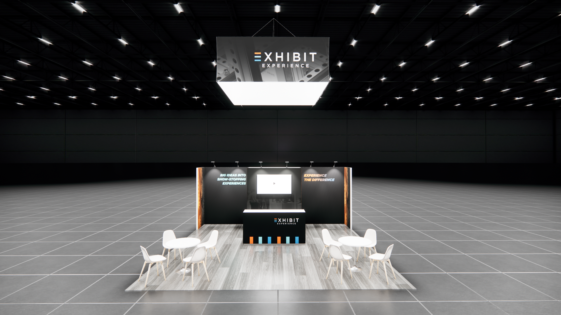 20×20 Island exhibit rendering with suspended sign, branded wall, reception counter and meeting tables